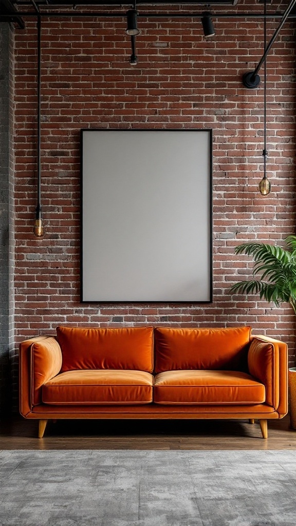 Orange velvet sofa in an industrial loft setting with brick walls and modern lighting.