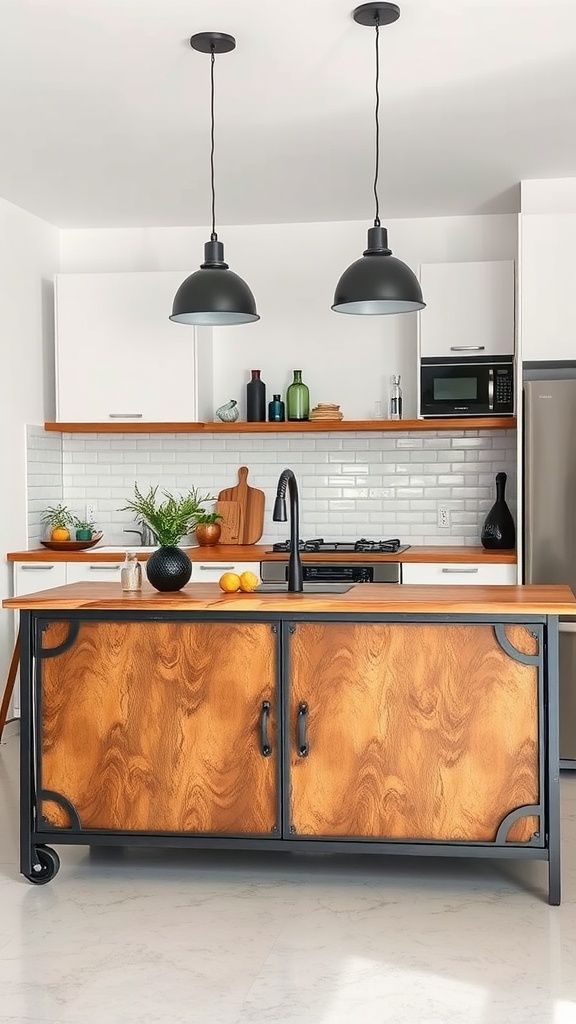Industrial style kitchen island with wood and metal accents.