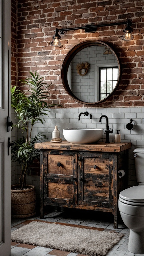 A modern rustic bathroom featuring a wooden vanity, brick walls, and industrial lighting.