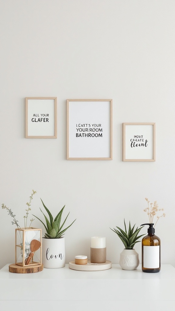 A stylish bathroom decor featuring framed prints and plants on a countertop.