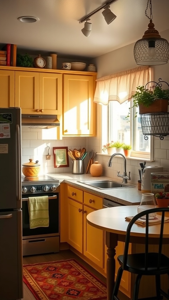 A kitchen with butter yellow cabinets, showcasing warmth and coziness.