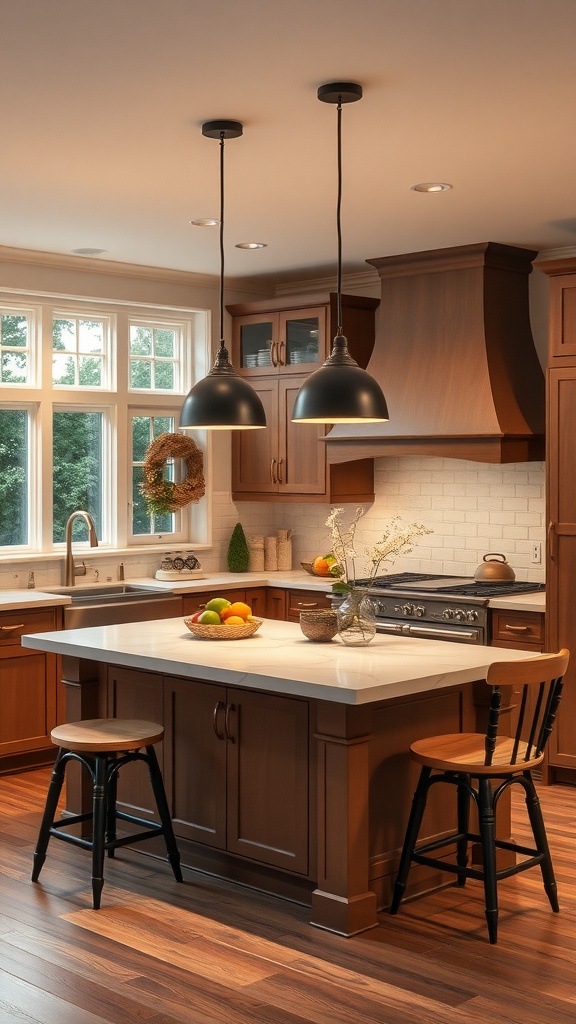 Kitchen island featuring a built-in breakfast nook with seating and a fruit bowl.