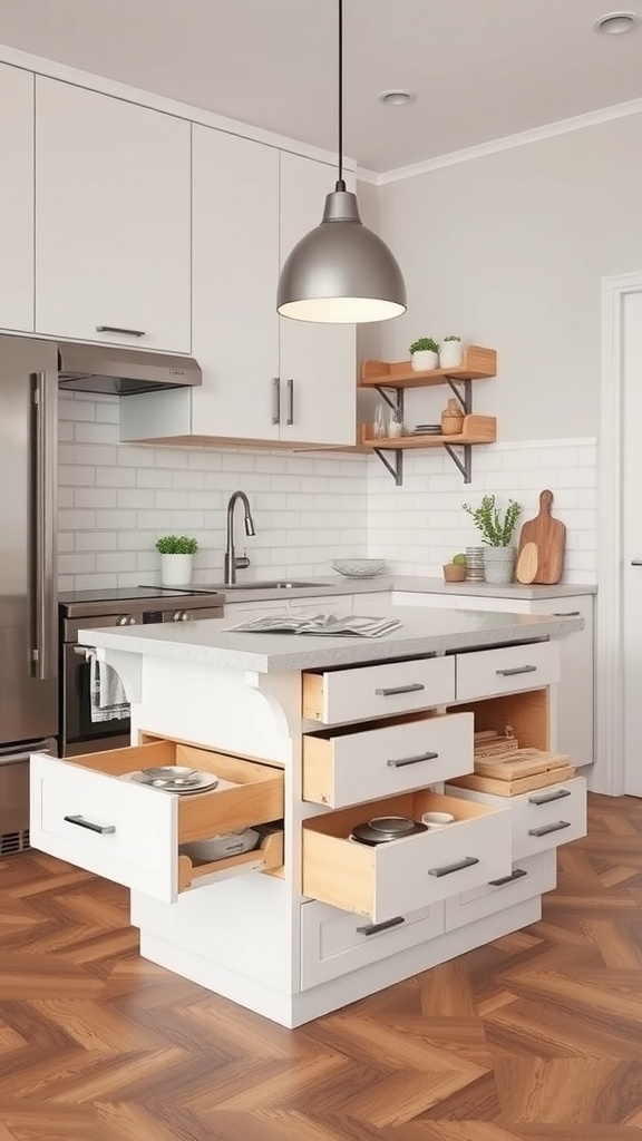 A modern kitchen island with multiple pull-out drawers, featuring a sleek countertop and contemporary design.