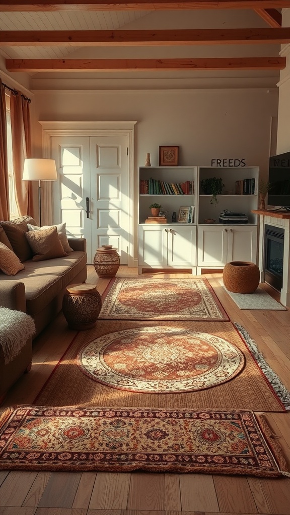 A cozy living room featuring layered brown rugs, a sofa, and warm lighting.