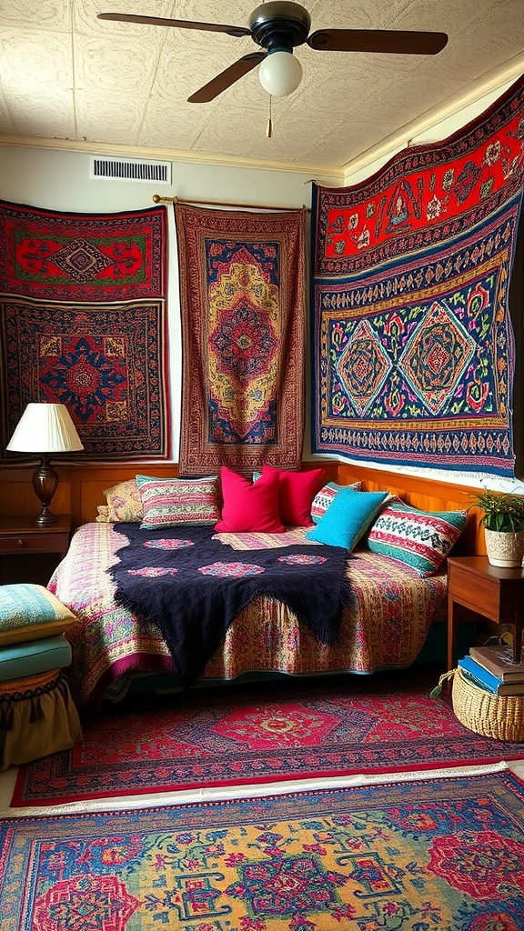 A cozy boho-style bedroom featuring layered textiles, vibrant patterns, and colorful pillows.