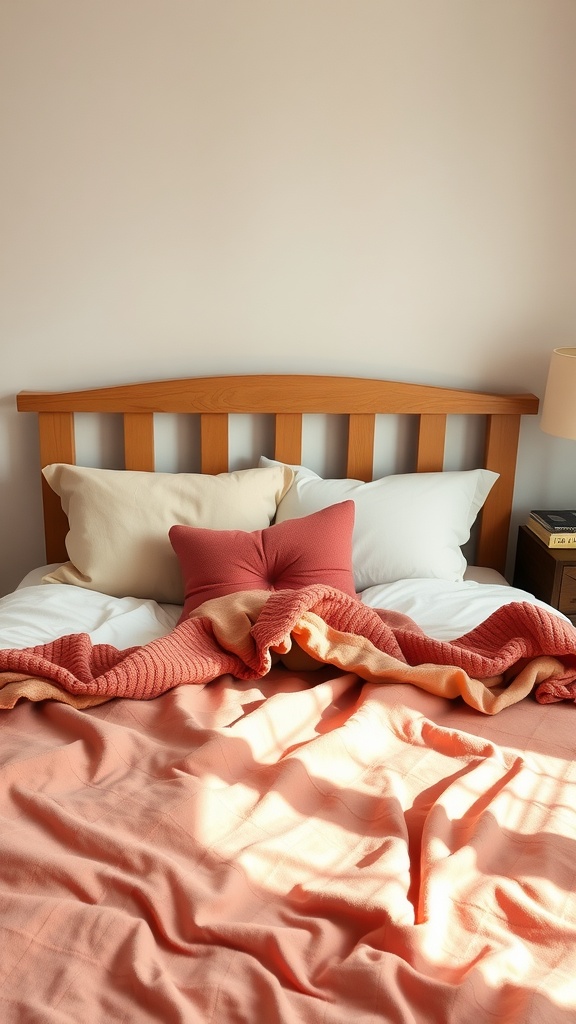 A cozy bed setup with layered textiles including blankets and pillows in warm colors.