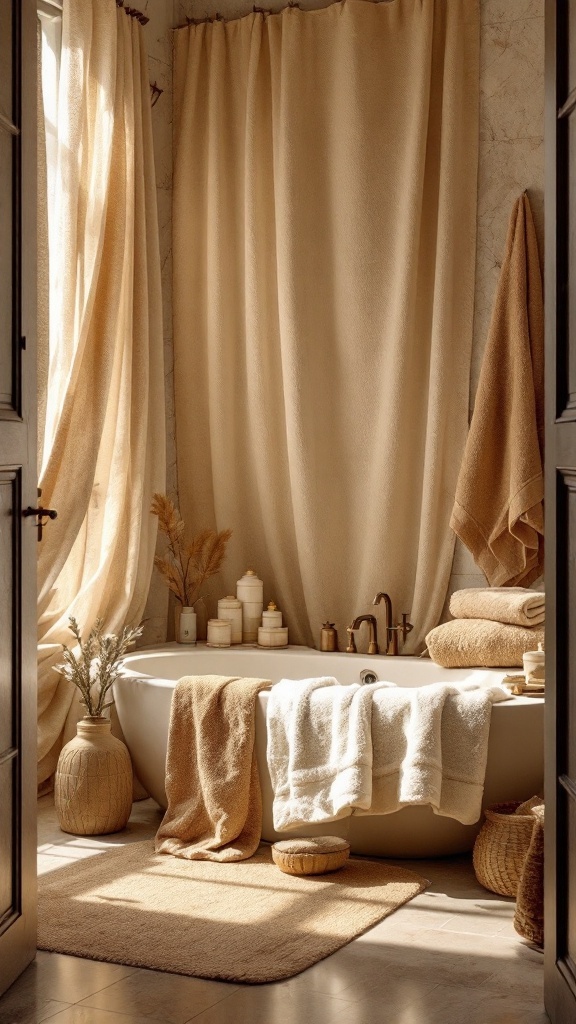 A cozy rustic bathroom with layered textiles, featuring towels, rugs, and curtains in neutral tones.