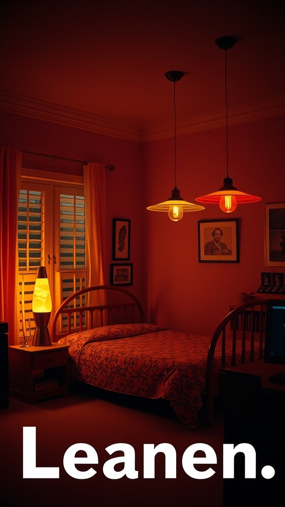 A boho style bedroom with colorful pendant lights and a lava lamp, showcasing cozy lighting.