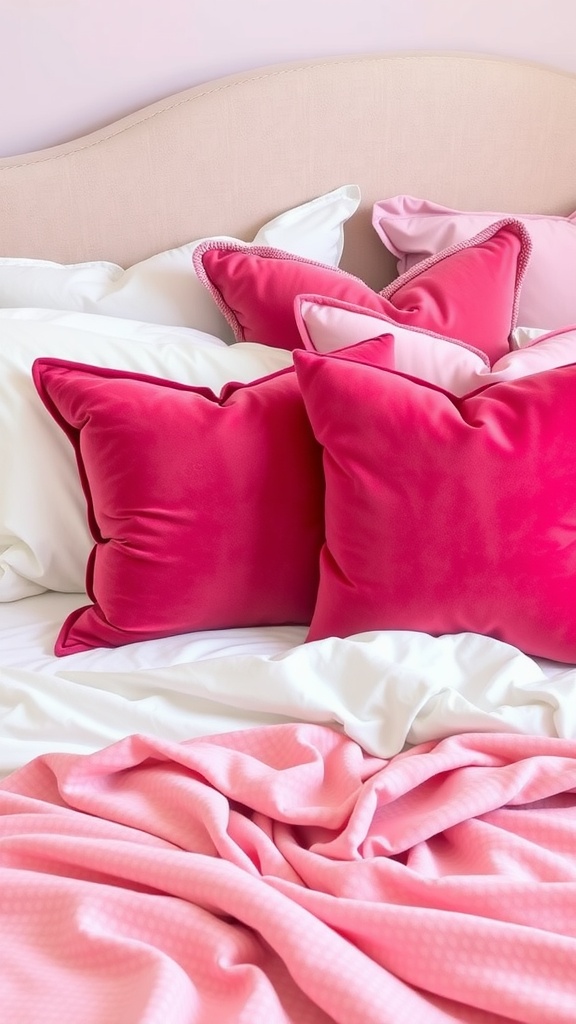 Luxurious pink velvet throw pillows on a bed