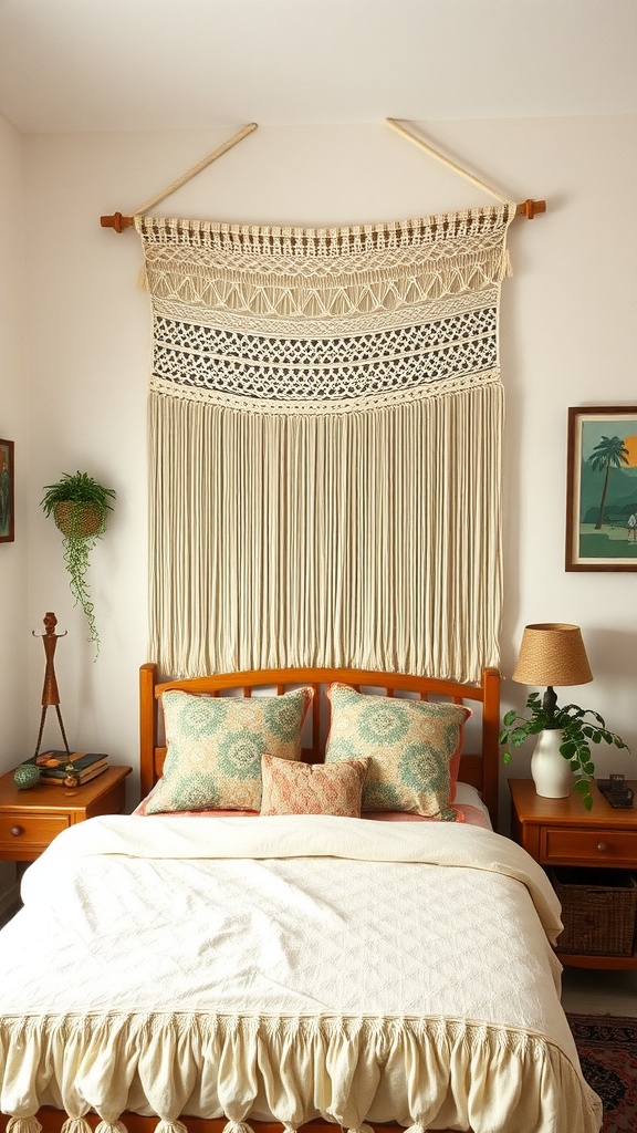 A cozy bedroom featuring a macrame wall hanging above a wooden bed with decorative pillows.