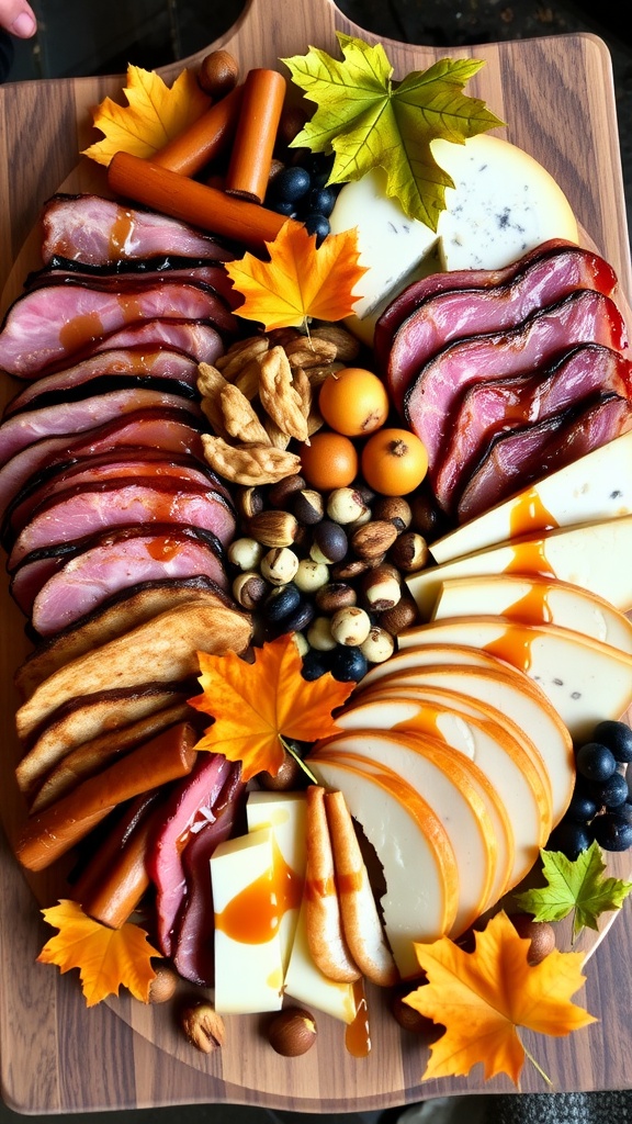 Maple-glazed charcuterie board with cheese, nuts, and autumn leaves.