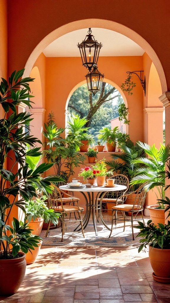 A sunroom dining space with orange walls, plants, and a round table.