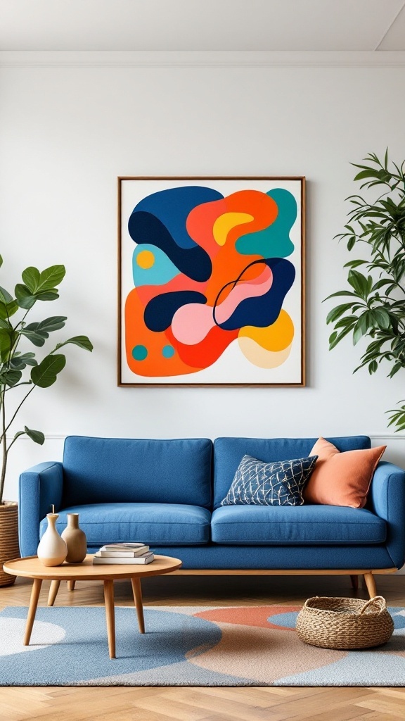 A mid-century modern living room featuring a blue sofa, colorful artwork, and plants.