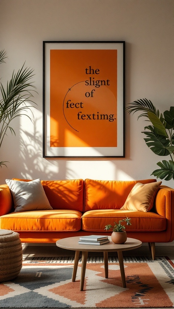 A cozy living room featuring an orange velvet sofa, a round coffee table, and vibrant artwork.
