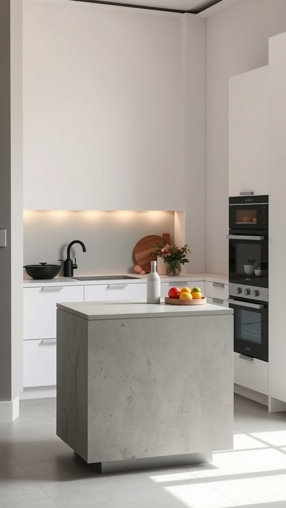 A modern kitchen with a minimalist concrete island, featuring a sleek design and simple lines.