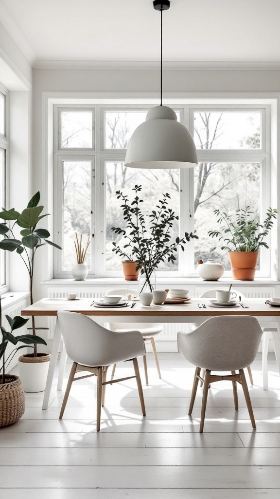 A minimalist Scandinavian dining room featuring a wooden table, white chairs, and large windows with plants.