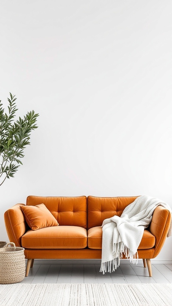 A minimalist Scandinavian living room featuring a vibrant orange velvet sofa, a cozy white throw, and natural elements.