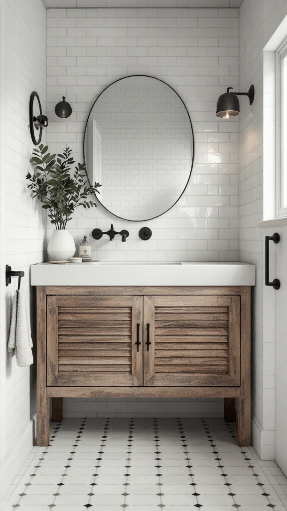 A modern rustic bathroom featuring a rustic wooden vanity, sleek sink, and modern lighting.