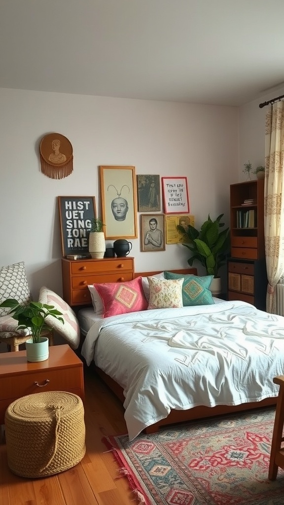 A cozy and colorful bedroom featuring modern and vintage decor elements.