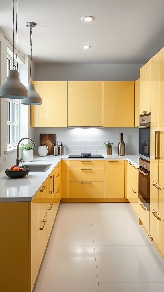 Modern kitchen featuring butter yellow cabinets and white countertops.