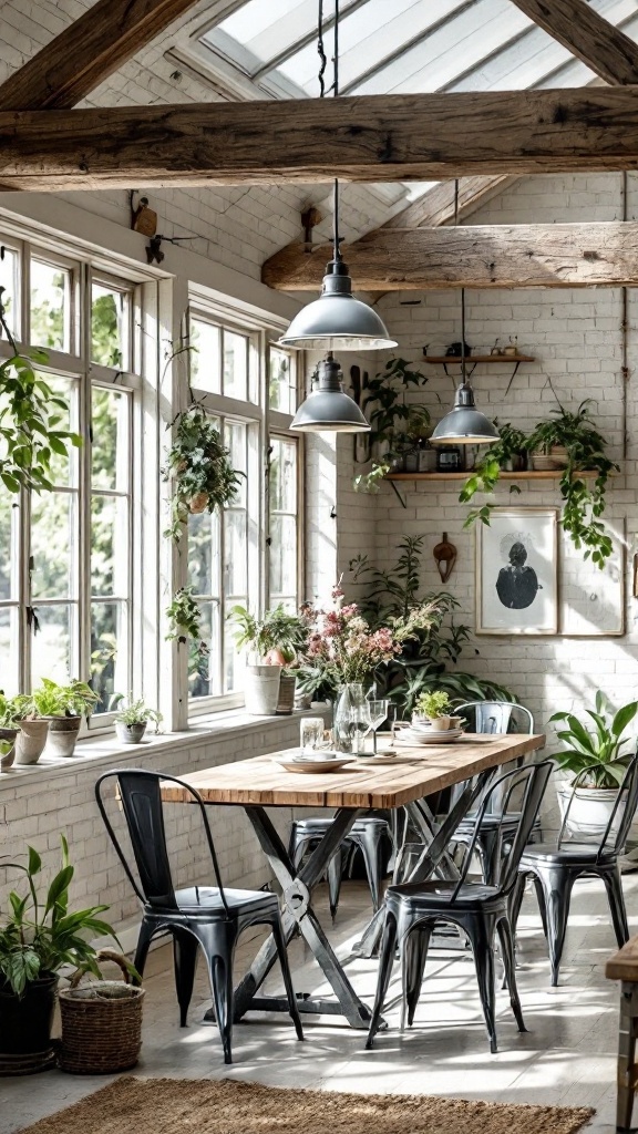 Sunroom dining area featuring wooden table, metal chairs, and plants.