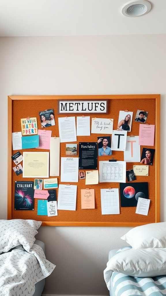Mood board with various notes, photos, and reminders pinned on a corkboard in a cozy dorm room.