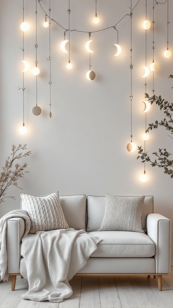 Decorative moon phase garlands hanging above a stylish couch in a living room.