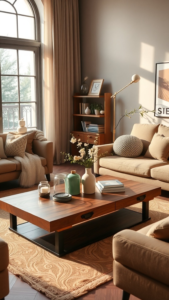 A cozy living room with a multifunctional coffee table, featuring earth tones and warm lighting.
