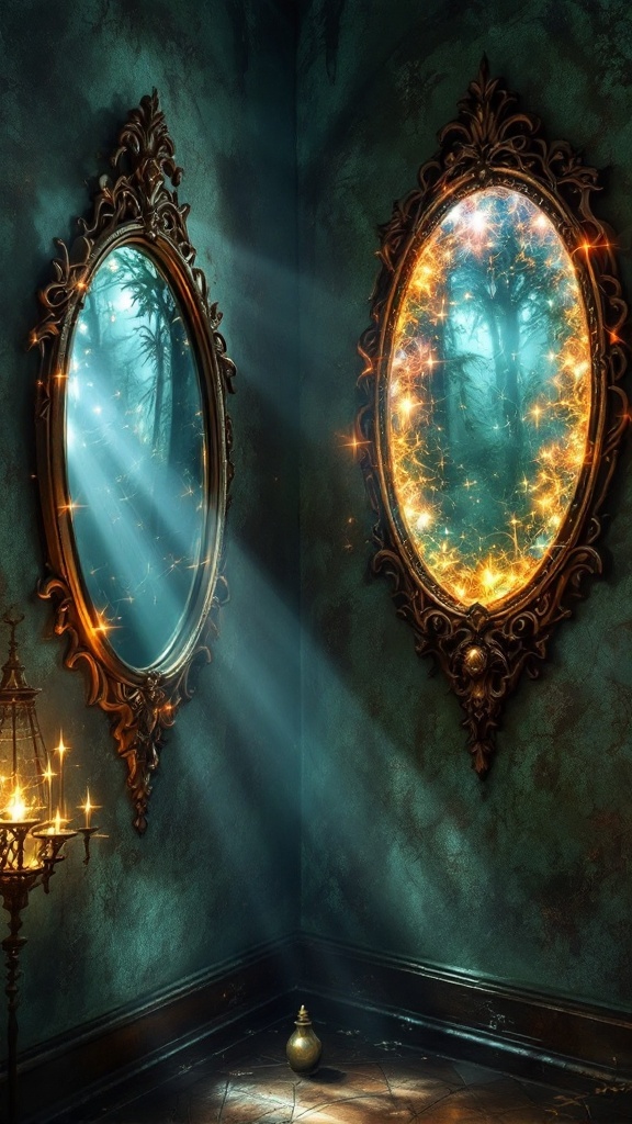 Two ornate mirrors reflecting light in a dark, mystical room.