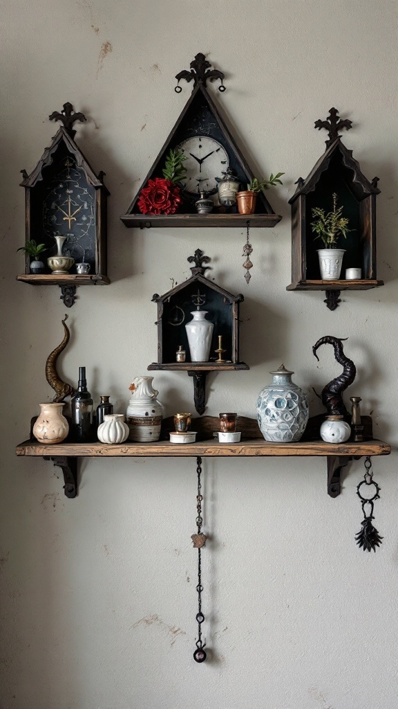 A collection of mystical wall shelves with various decorative items like plants, bottles, and more.