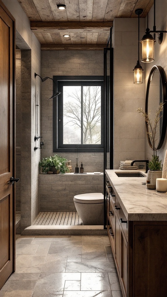 A modern rustic bathroom featuring natural stone elements and wooden accents.