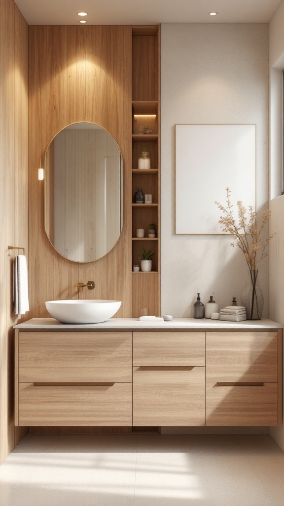 Modern rustic bathroom with natural wood accents and a round mirror
