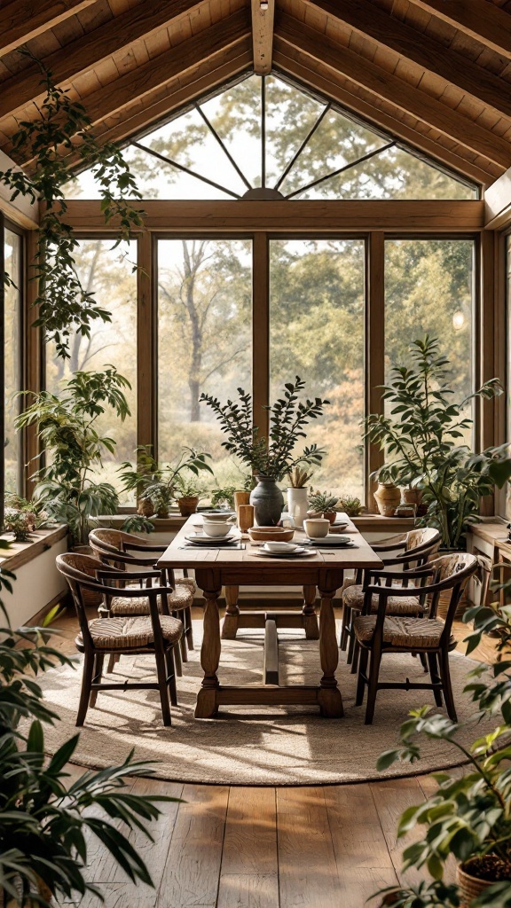 Sunroom dining area with wooden table and greenery.