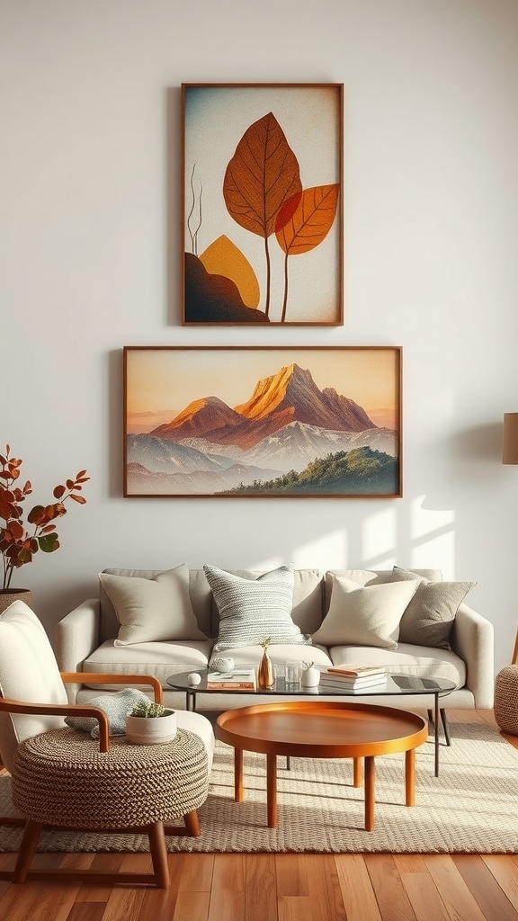 Nature-inspired wall art featuring leaves and mountains in warm colors.