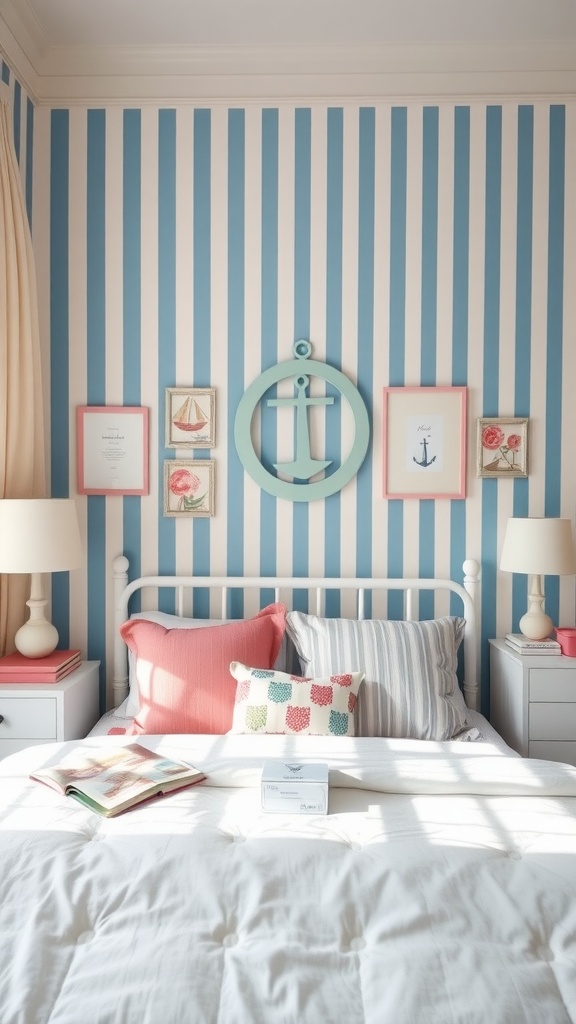 Nautical-themed bedroom with blue and white striped walls and pastel decor