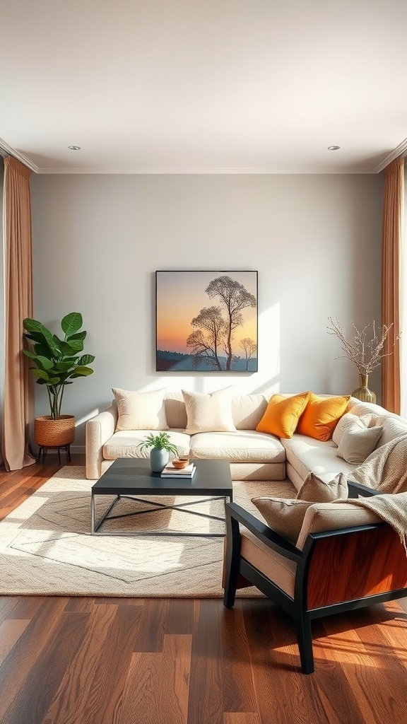 Cozy living room with neutral color palette featuring brown and earth tones.
