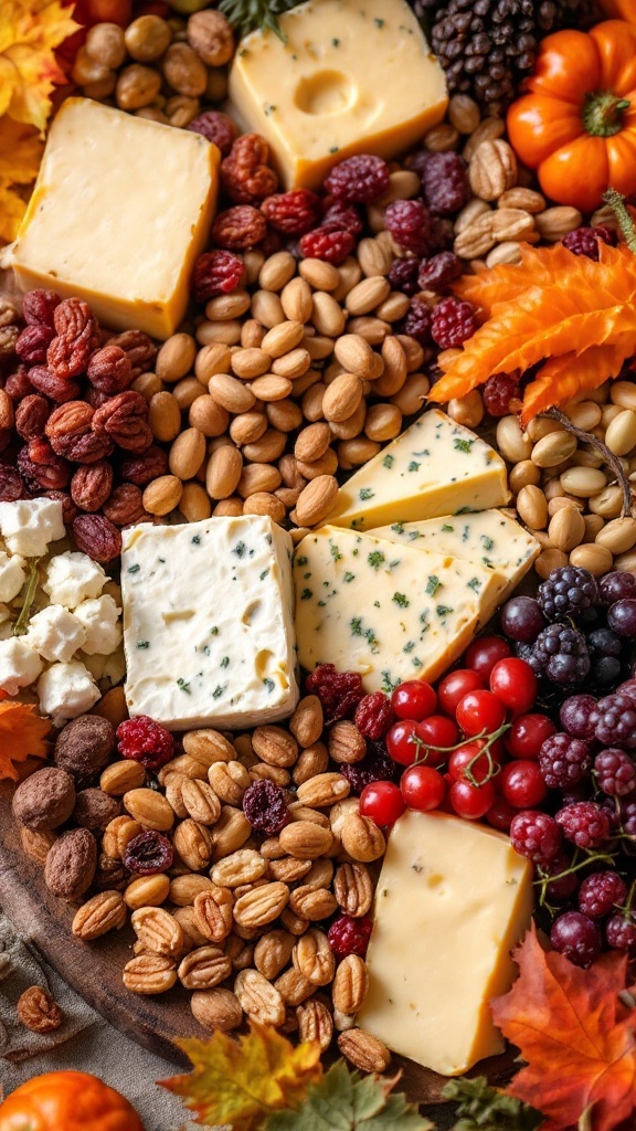 A colorful fall charcuterie board featuring cheeses, nuts, and fruits.