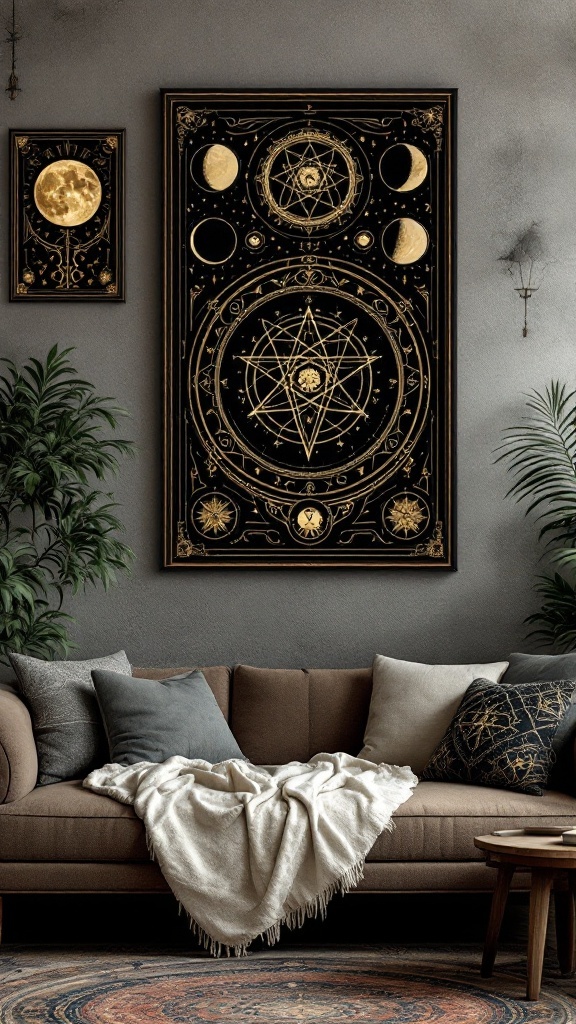 A cozy living room featuring occult-themed wall art, showcasing mystical symbols and celestial elements.