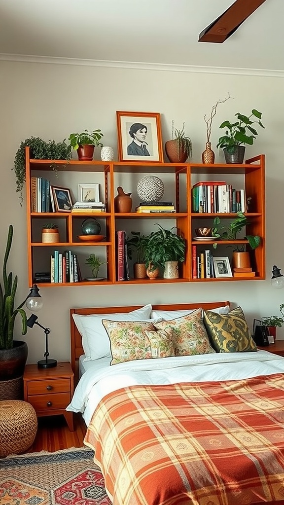 Boho style bedroom with open shelving displaying plants and decor