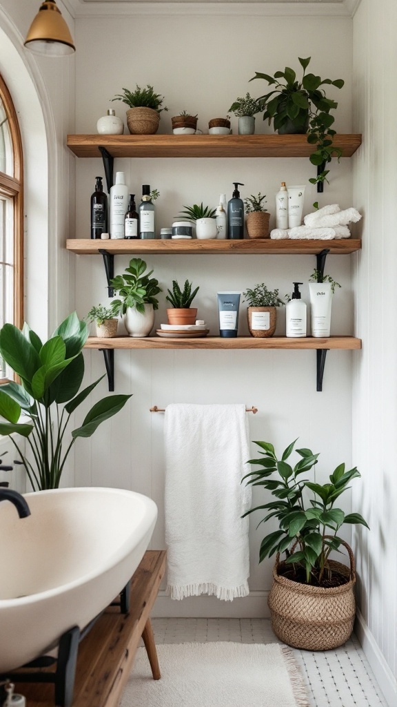 Modern rustic bathroom with open shelving displaying plants and eco-friendly products