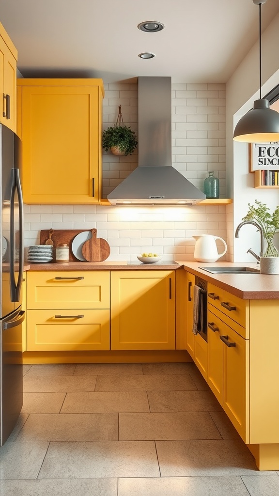 Bright butter yellow kitchen cabinets paired with neutral colors in a modern kitchen setting.