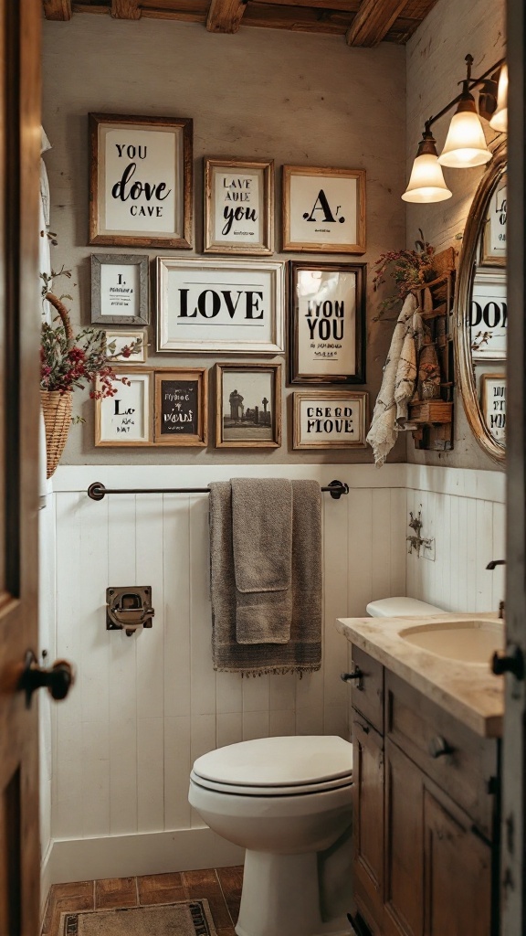 A rustic bathroom with framed art and quotes on the wall.