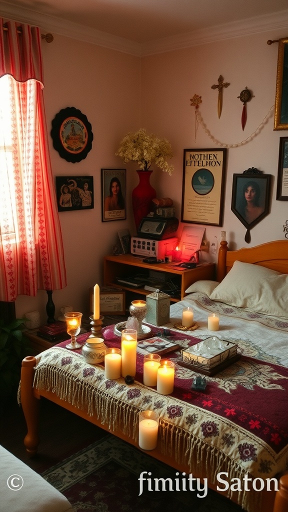 A cozy corner altar with candles and framed pictures in a boho-style bedroom
