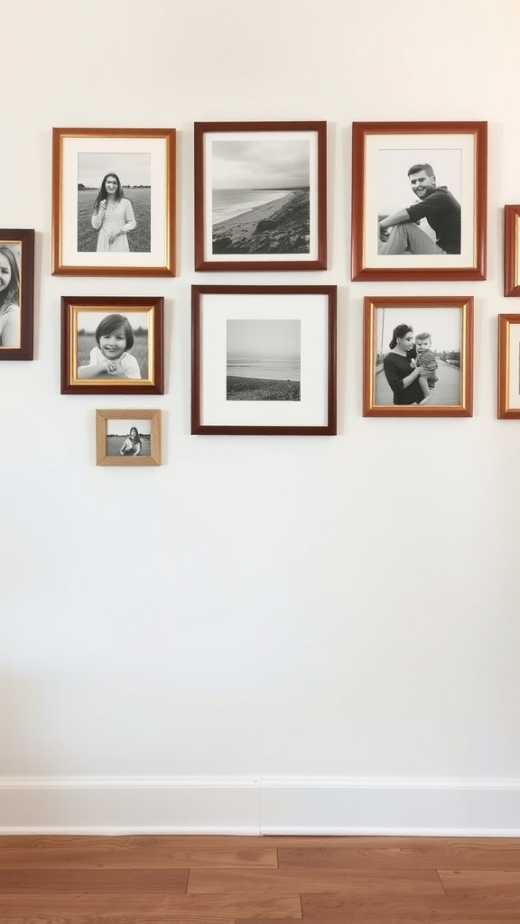 Gallery wall with black and white framed photos in a cozy setting