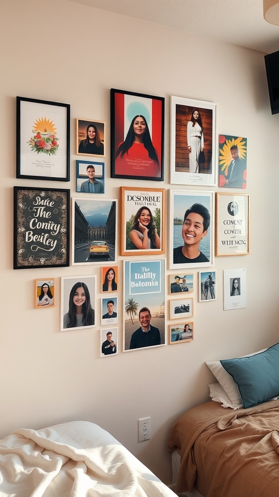 A cozy dorm room wall displaying a variety of framed photos and artwork.