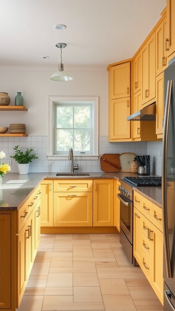 A bright kitchen featuring butter yellow cabinets and a cozy atmosphere.
