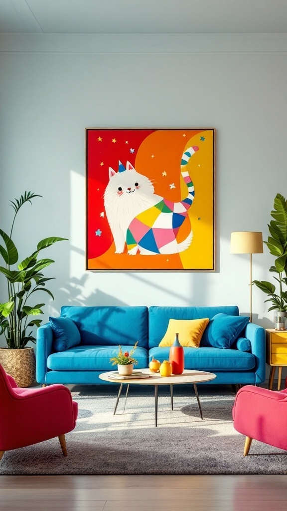 A living room featuring a bright blue sofa, pink chairs, and colorful artwork.