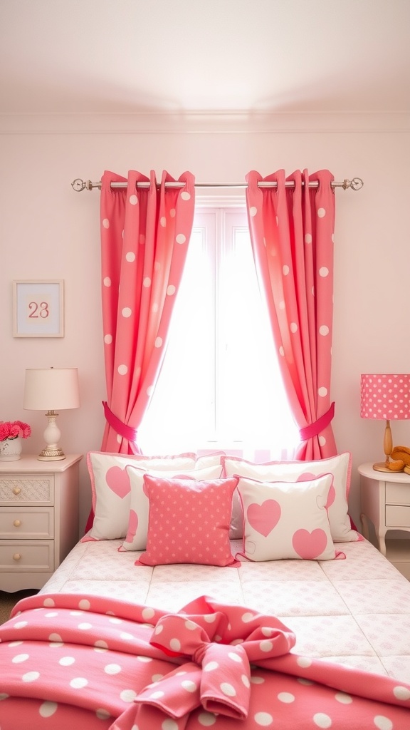 A pink bedroom featuring playful polka dot accents in curtains and pillows.