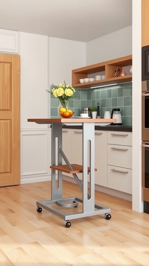 A portable kitchen island with adjustable height, showcasing a sleek design and placed in a modern kitchen.