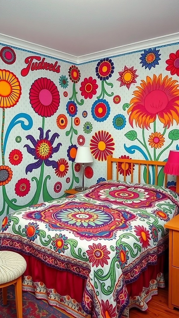 A vibrant bedroom featuring psychedelic floral wallpaper and a colorful bedspread.